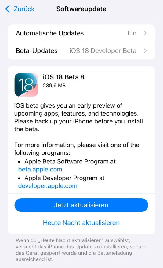 泰宁苹果手机维修分享苹果 iOS / iPadOS 18 开发者预览版 Beta 8 发布 